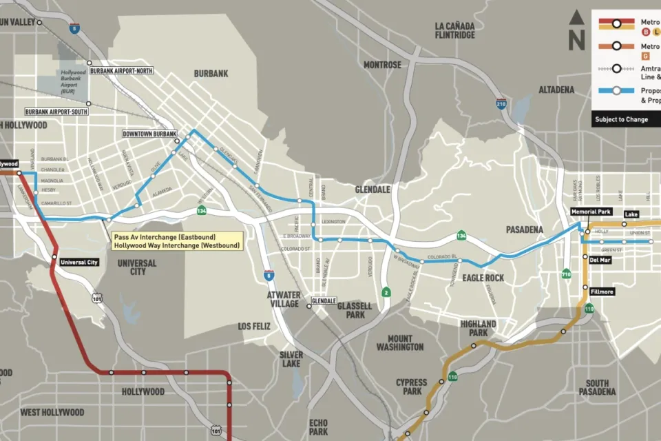 A map of the North Hollywood-Pasadena Bus Rapid Transit Line.